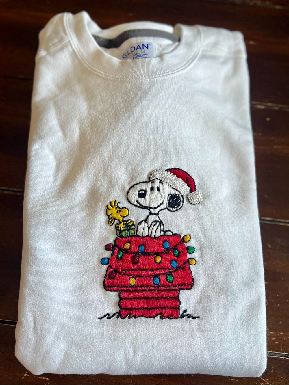 Hand Embroidered Snoopy Christmas sweatshirt | White Unisex Crewneck | Handmade - Picture 5 of 13